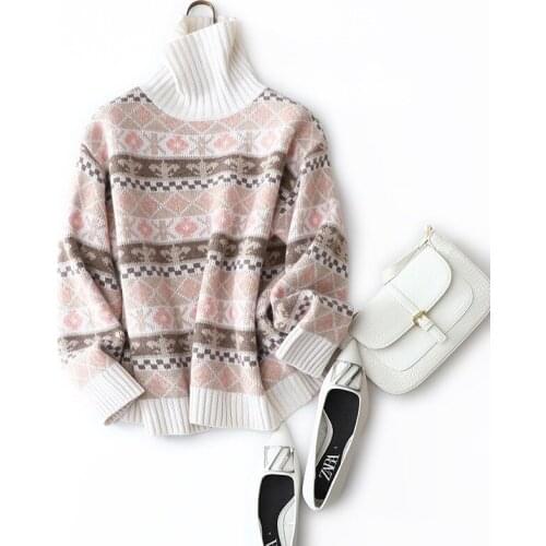 100% cashmere sweater turtleneck women vintage england styles jacquard knit winter thick pullovers fashion ladies warm jumper