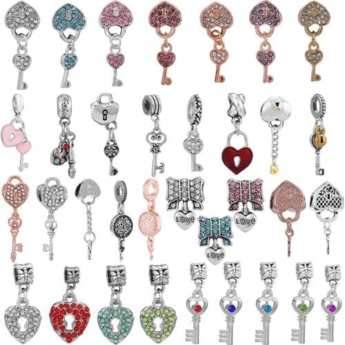 2Pcs/Lot 45 Styles Key & Lock Sparkling Beads Charm Pendant Fit DIY Original Bracelets Necklaces For Women Men Jewelry Making