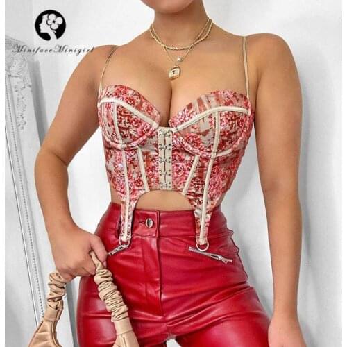 2021 Girls Floral Printed Sexy Corset Camis Crop Tops Party Night Clubwear Streetwear Zipper Cropped Spaghetti Strap Camisole