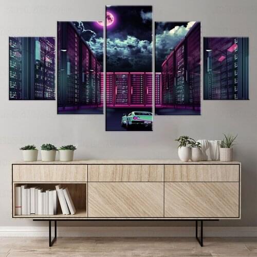 Framework 5 Pieces HD Print Painting Neon Synthwave Abstraction City Building Painting Type Poster For Modern Decorative Bedroom