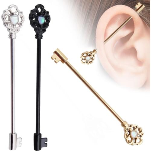 Alisouy 1 PC Key Shape 14G 38mm long ear plug Ear Industrial Barbell Piercing with Opal Bar Barbell Piercing Cartilage tunnel
