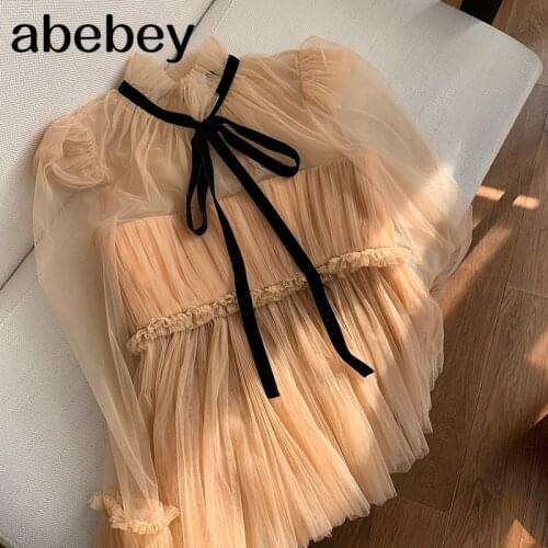 Sweet Mesh Blouse Womens Spring 2021 New Stand Collor Lace Up Long Flare Sleeve Slim Shirt Female Elegant Tops