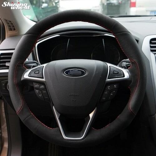 BANNIS Hand-stitched Black Suede Black Leather Steering Wheel Cover for Ford Fusion Mondeo 2013 2014