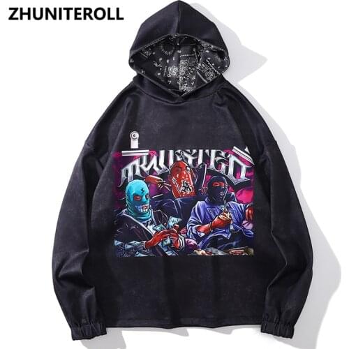 Punk Rock Black Hoodies Hip Hop Paisley Funny Print Hooded Sweatshirts Mens Harajuku Casual Pullover Tops Outwear Streetwear