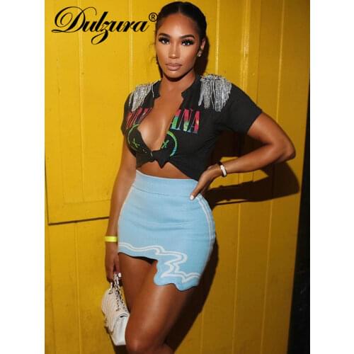 Dulzura 2021 Autumn Winter Women Patchwork 2 Piece Letter Print Tassel Short Sleeve V Neck Crop Top Ribbed Mini Skirt Set Outfit