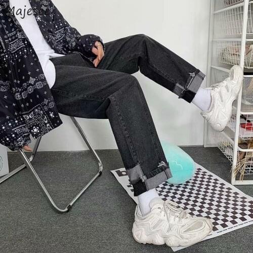 Men Jeans Denim Straight Male Casual Patchwork Frayed Students All-match Loose Wide Leg Streetwear Baggy Trousers Korean Style