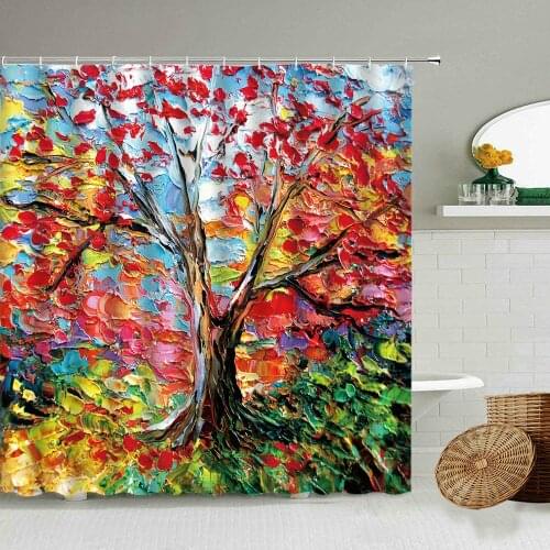European Color Trees Graffiti Shower Curtain Colorful Oil Painting Art Bathroom Bathtub Blackout Waterproof Polyester Curtains