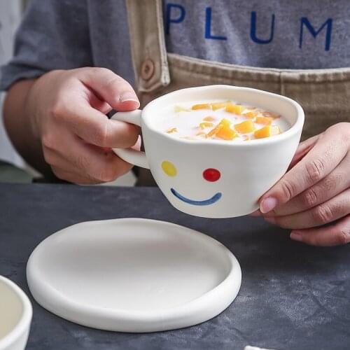 Creative Handmade Smile Cup and Plate Ceramic Breakfast Coffee Milk Tea Mug White Irregular Dessert Cake Dish Cute Gifts For Her