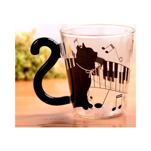 Cute Tail Black Cat Kitty Water Glass Cup Mug Milk Tea Coffee Fruit Juice Mug Drinkware/ Office Gifts for Girls Colleagues Woman