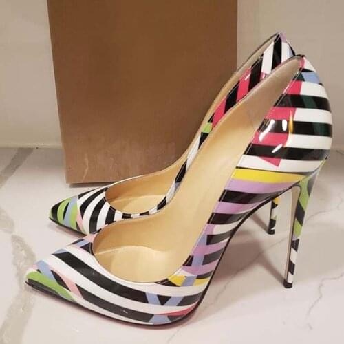 Newest Patchwork Printed Stripe High Heel Shoes 12cm Stiletto Heel Shallow Pointed Toe Celebrity Popular Pumps Size 45