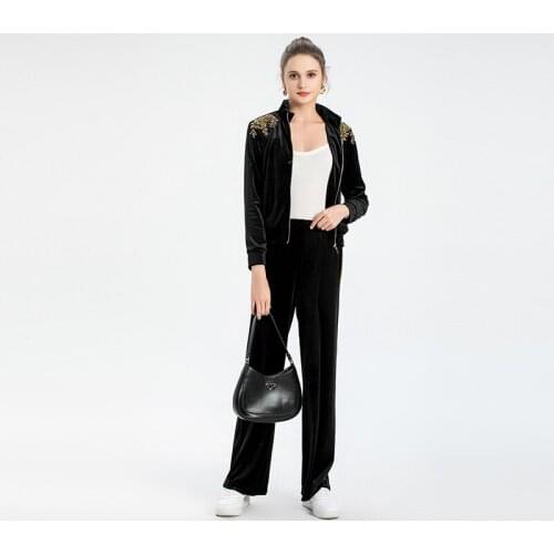 MIUXIMAO 2021 New Autumn Womens Sets Stand Collar Solid Manual Bead Nailing Casual Coat + Pants Set Fashion