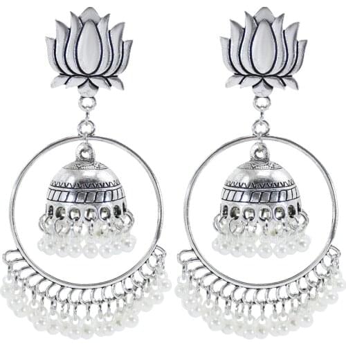 Afghan Oxidized Silver Color Metal Lotus Drop Earrings for Women Boho Simulated Pearl Tassel Earring Indian Party Jewelry Gift