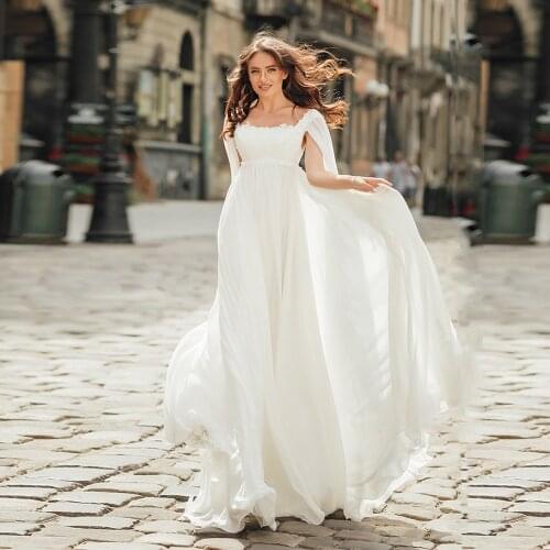 Empire Square Neck Chiffon Wedding Dress Lace Zip Plus Size Long Cape Custom Made Maternity Photoshoot Cap Sleeves Bridal Gowns