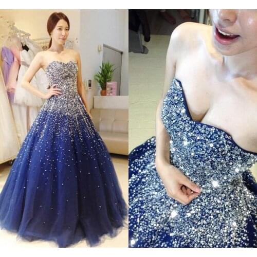 Sexy Navy Blue Prom Dresses 2019 Ball Gown Sweetheart Beaded Custom Made Formal Evening Party Gowns Floor Length robe de aoriee