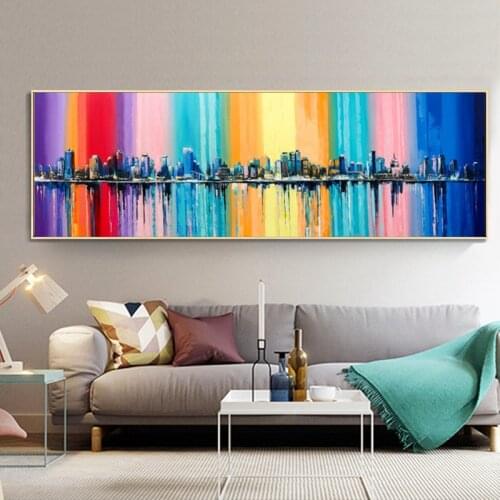 Modern Abstract Long Canvas Painting Rainbow City Landscape Oil Painting Wall Art Pictures for Living Room Home Decoration