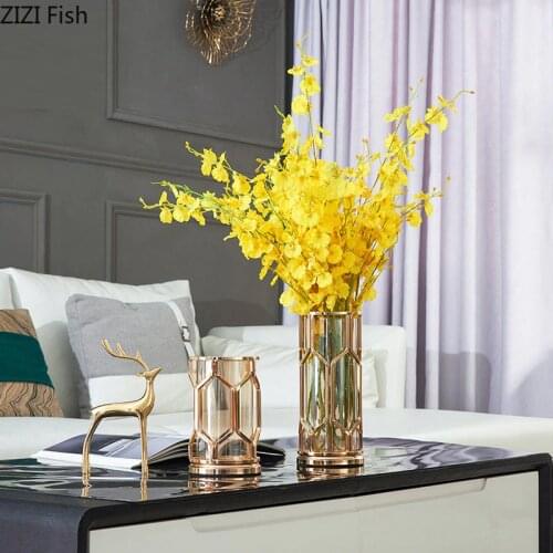 Modern Luxury Metal Glass Vase American Home Living Room Decoration Exquisite Flower Arrangement Hydroponic Vases Art Decoration