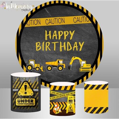 Construction Party Round Background Caution theme Custom Boys 1st Birthday Circle Backdrop Cylinder Covers Cake Table Banner