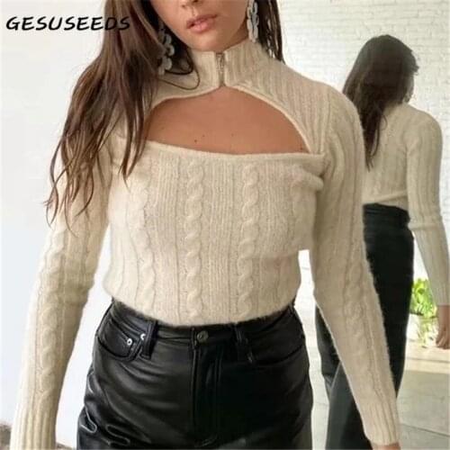 Sexy Sweater Women Fall Long Sleeve Top Vintage Knitted Pullover Turtleneck Women Hollow Out Cropped Sweater Beige Female