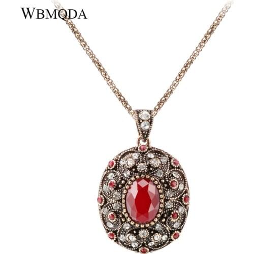 Wbmqda Red Natural Stone Drop Necklace For Women Ethnic Bohemian Jewelry Antique Gold Color Crystal Necklace Party Gifts