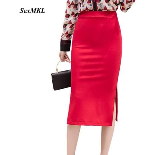SEXMKL Plus Size Red Long Skirt Women 2020 Korean Fashion High Waist Midi Skirts Sexy Winter Office Ladies Black Pencil Skirt
