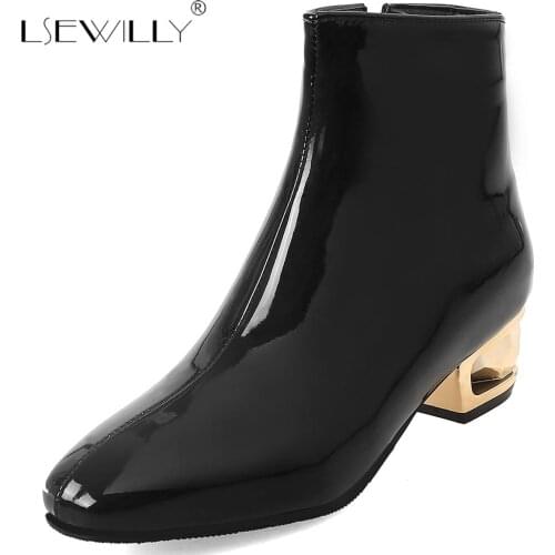 Lsewilly Crystal Heels Blue Pink Black Patent Leather Pu Ankle Boots for Women Fashion Square Toe Ladies Shoes Party Plus Size