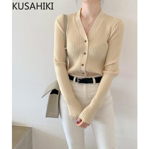 KUSAHIKI 2021 New Sweater Coat Causal Long Sleeve V-neck Knitwear Tops Korean Solid Slim Elegant Knitting Cardigans Female 6K901