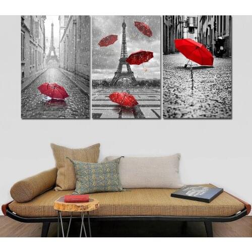 2018 Black and White Eiffel Tower with Red Unbrella on Paris Street Painting Romantic Print Painting Printed On Canvas