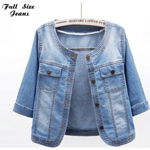 Plus Size Women Round Collar Basic Cropped Denim Jacket XXXL Soft Thin 3/4 Sleeve Light Blue Bomber Short Denim Jackets Coat
