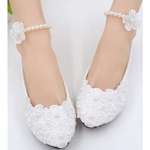 White lace flower wedding shoes woman flat heel round toe slip on spring autumn plus size 40 41 womans wedding flats shoes