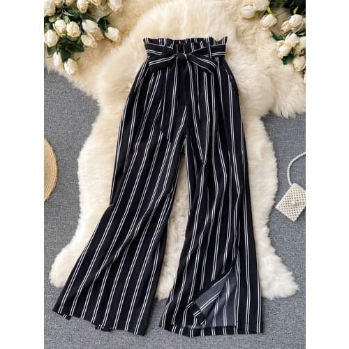 Summer New Fashion All-match Womens Casual Pants Retro Striped Color Slim Long Slit Wide Leg Pants DK1053