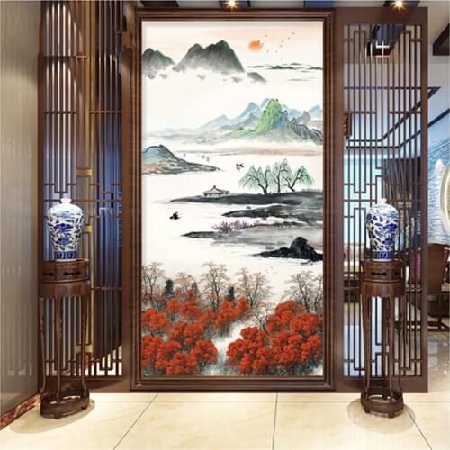 Custom 3D New Chinese modern entrance aisle corridor landscape decorative painting vertical large-scale mural entrance restauran