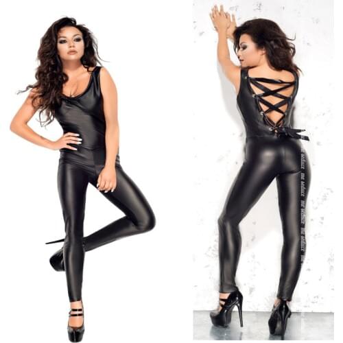 Faux Leather Jumpsuit For Women Back Lace Up PU Leather Bodysuit Latex Catsuit Fetish Wear Sexy Bar Pole Dance Rompers Costume