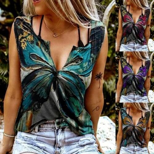 Tank Top Women Butterfly Printed Deep V-neck Sleeveless Blouse Casual Summer Sexy Multi-colored Vest Shirts Plus Size S-5XL