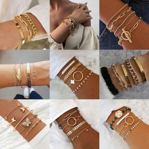 Bohemian Cuban Link Chain Bracelet Set For Women Punk butterfly Leaves Open Thick Bangle Fashion Jewelry Gift