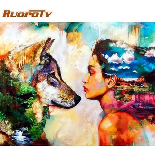RUOPOTY Painting By Numbers For Adults Wolf And Beauty Landscape Oil Paints Kits Diy Framed HandPainted Home Wall Decor Artcraft