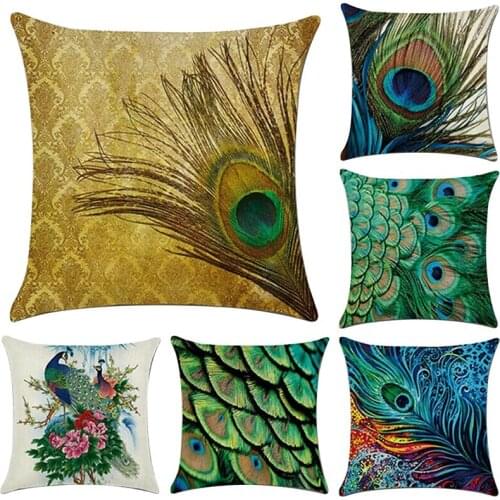 Hot XD-6 PCS Peacock Feather Pattern Pillowcase Linen Pillow Cover Home Decor Square Cushion Cover Printing Pillow Case