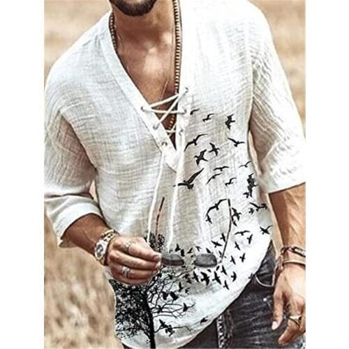 Mens Cotton Linen Shirt Solid Half Sleeve Slim Fit Fashion Corns V-Neck Tie Mens Retro Shirt Loose Casual Holiday Shirts Tops