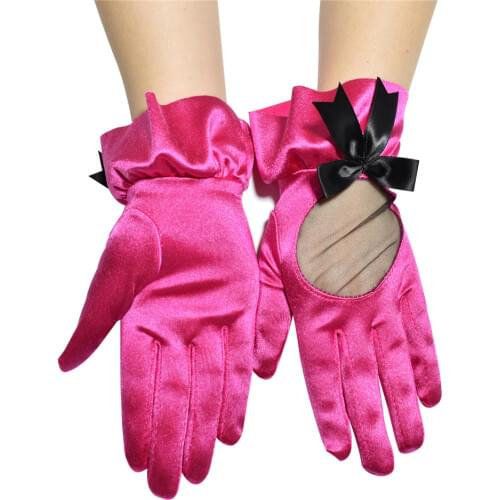 Sexy Female Stretch Satin Tulle Driving Sunscreen Party Gloves Women Dance Hot Pink Black Bow Ball Gown Cosplay Gloves