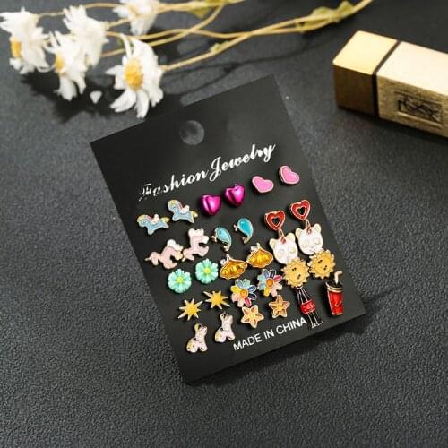 15 pairs/set 2020 new fashion mixed small enamel heart flower unicorn stud earring set for women girl lovely kids birthday gift