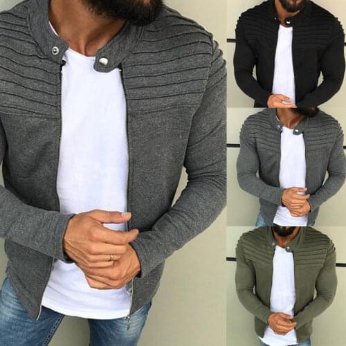 Sports Casual Men Jacket Mens Autumn Pleats Slim Stripe Fit Jacket Zipper Long Sleeve Coat Cardigan Coat