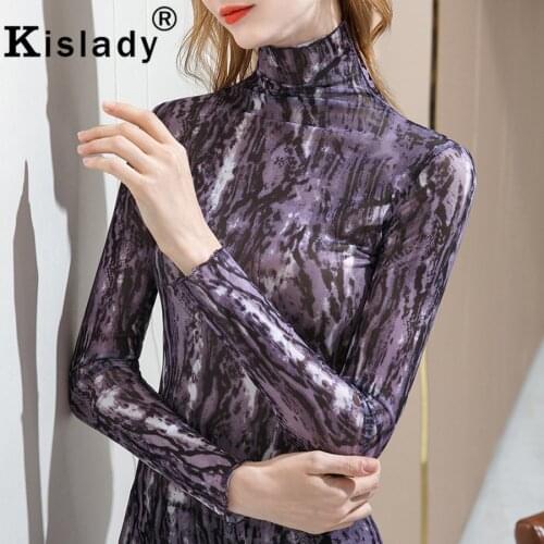 Korean Turtleneck Patchwork Mesh Fabric Shirts Winter Harajuku OL Temperament Shirt Tops Gothic Purple Ink Dyeing Print Clothes