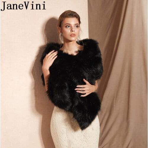 JaneVini Elegant Black Fur Cape for Women Evening Party Fur Shawl Winter Wedding Dress Bridal Wrap Faux Fur Bolero de novia 2019