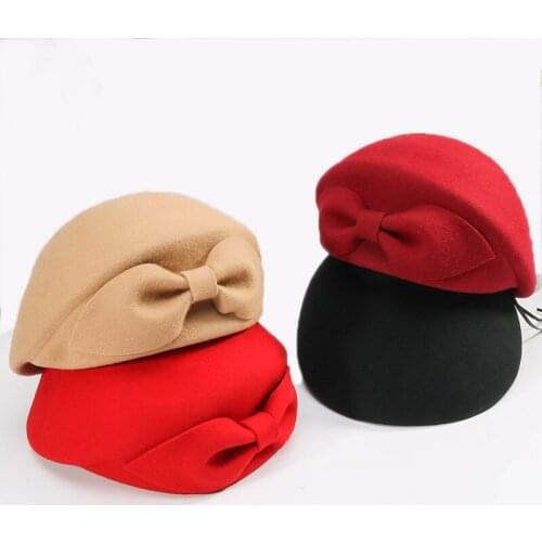 2019 Ladies Red Wedding Hat For Women Vintage 100% Wool Felt Pillbox Hats Black Fascinator Winter Fedoras Bow Beret Church Hats