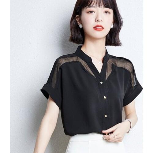 Black Stitch Blue Chiffon Korean Fashion Summer WomenS Clothing Vintage Shirts Blouses Top New Vetement Femme 2021 Female