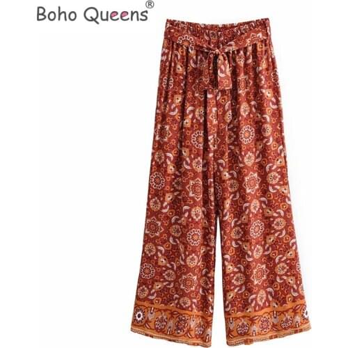 Boho Queens women floral print wide leg Bohemian happie pants ladies sashes loose rayon Boho long pants oversize