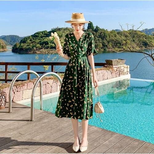 Women Long Floral Green Dress Summer 2021 Runway Elegant Vintage Boho Retro Fairy Casual Sea Beach Vacation Party Vestidos New