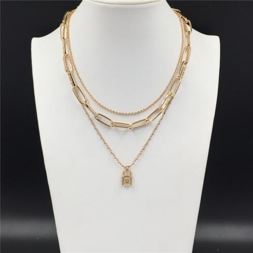 Trendy 2020 New Fashion Gold Color Plating Locking Pendant Layered Necklace For Women Girl Bohemia Pretty Statement Jewelry