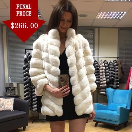 Coat Women Outerwear Real Rex Rabbit Fur Jacket Natural Winter Fashion Fur Outwear 80 cm long