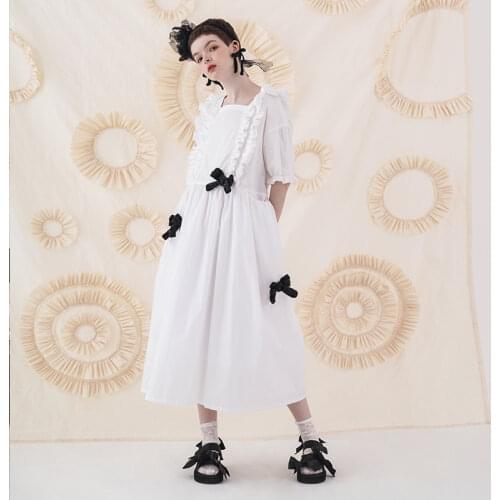 Imakokoni white lace short-sleeved dress original bow Japanese wild mid-length summer 202929