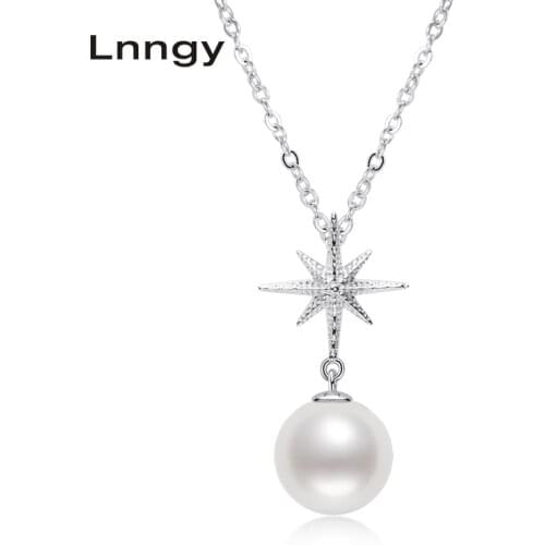 Lnngy 925 Sterling Silver Necklace 7.5-8mm Genuine Freshwater Start Pearl Pendant Necklace for Women with Silver Chain Gifts